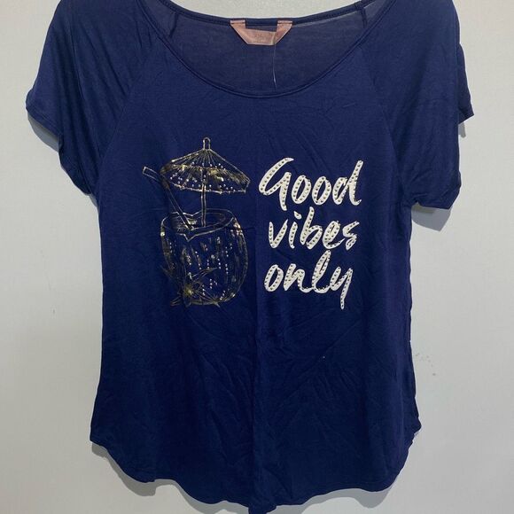 SJS Women's Navy Blue Good Vibes Only Short Sleeve T-Shirt Petite Small NWT - Picture 1 of 7